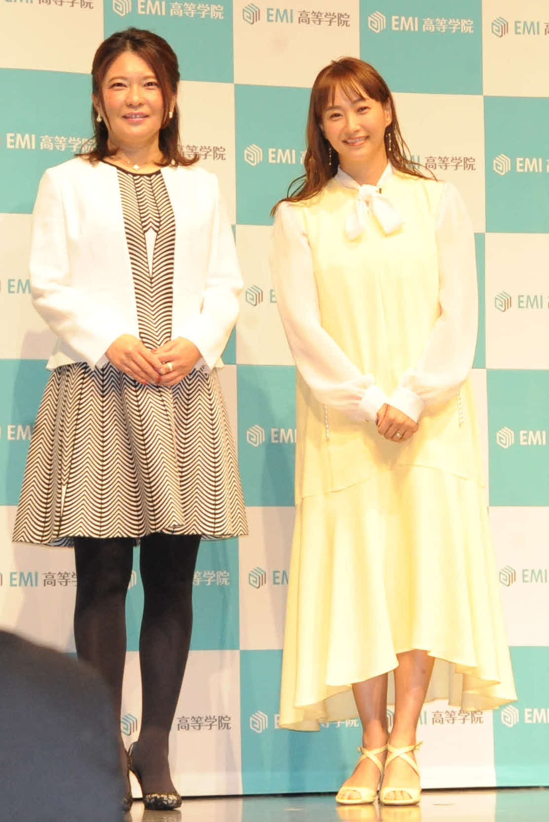 「EMI高等学院　開校記念プレス発表会」に出席した藤本美貴（右）と山中恵美子学院長（撮影・松尾幸之介）