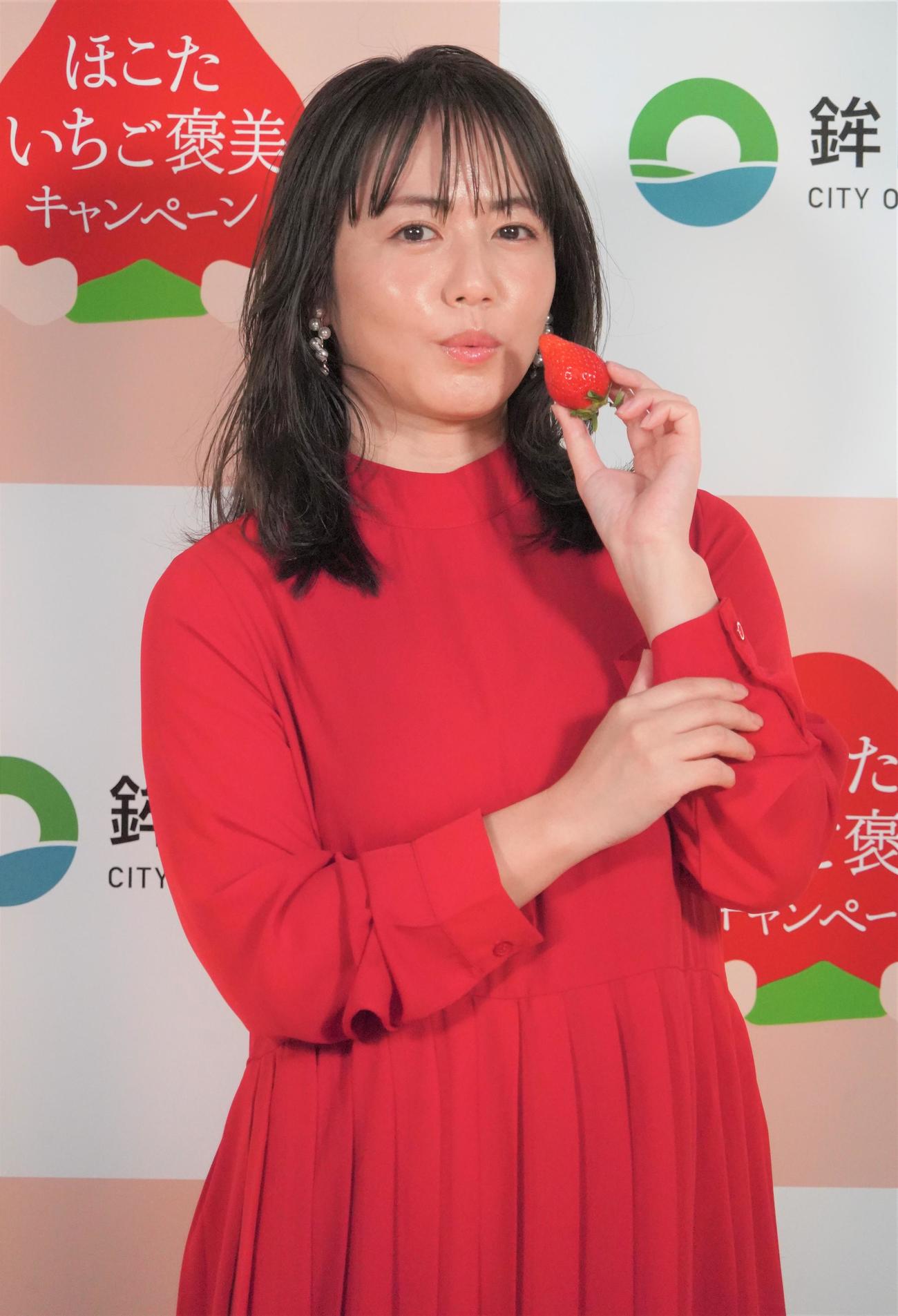 「ほこたのいちご褒美キャンペーン」プレス発表会に出席した磯山さやか（撮影・佐藤成）