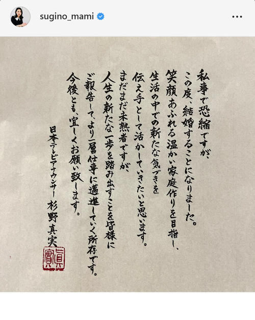 杉野真実アナのインスタグラムより