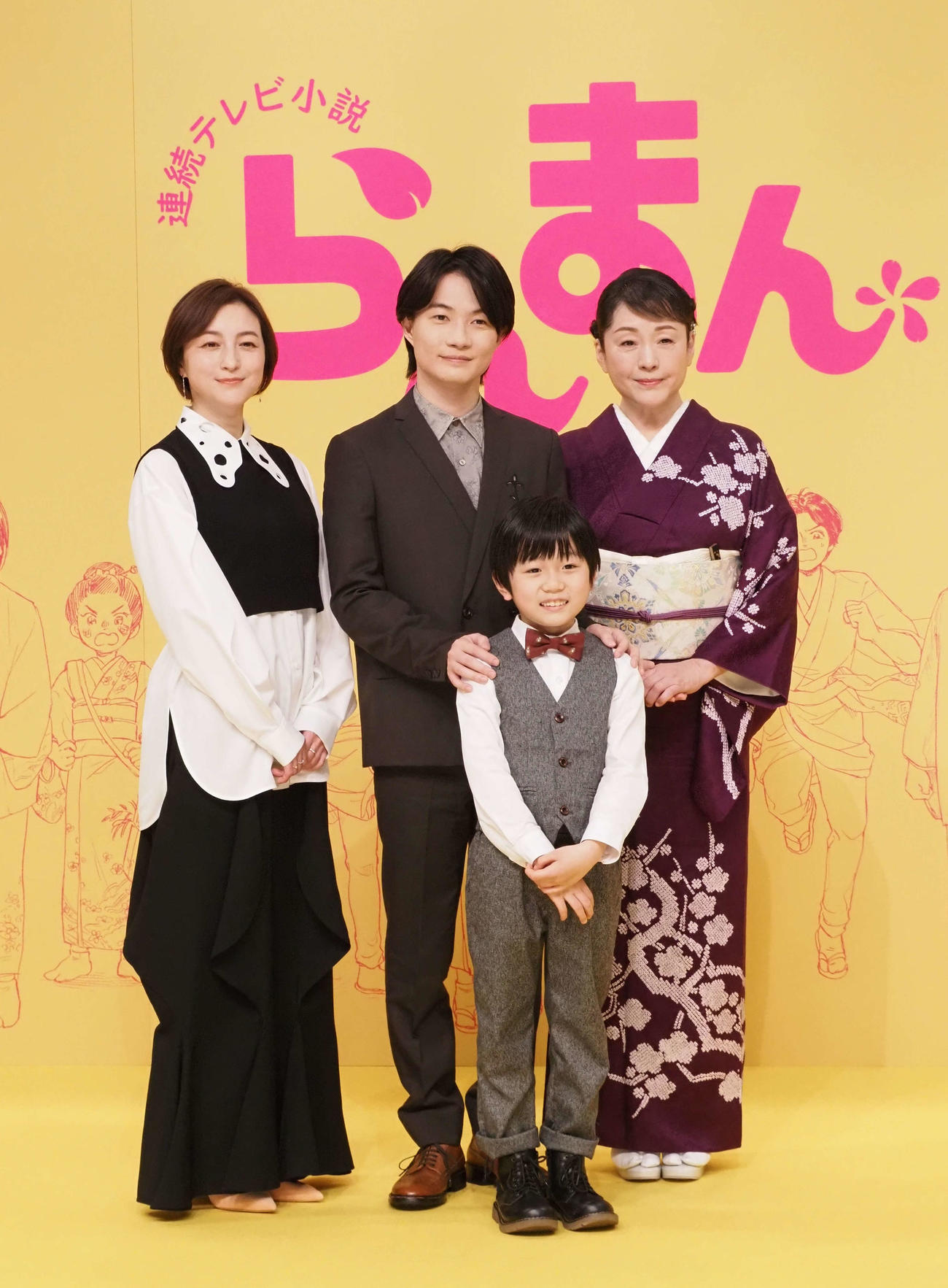 NHK連続テレビ小説「らんまん」の取材会に出席した、左から広末涼子、神木隆之介、子役の森優理斗、松坂慶子（撮影・遠藤尚子）