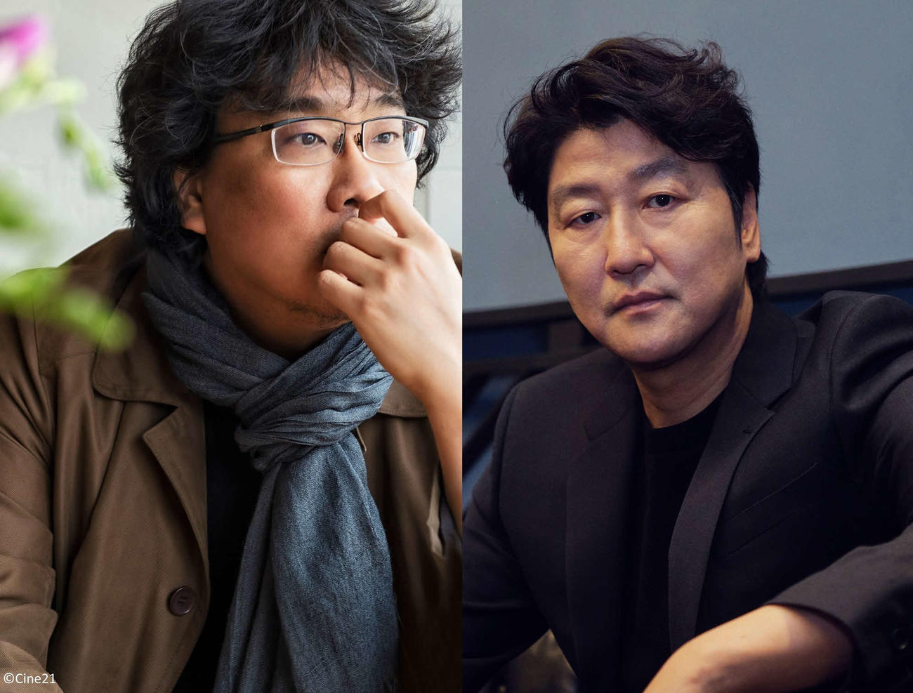 舞台版「パラサイト」上演にあたりコメントを寄せた、韓国映画「パラサイト　半地下の家族」のポン・ジュノ監督（左）と主演のソン・ガンホ