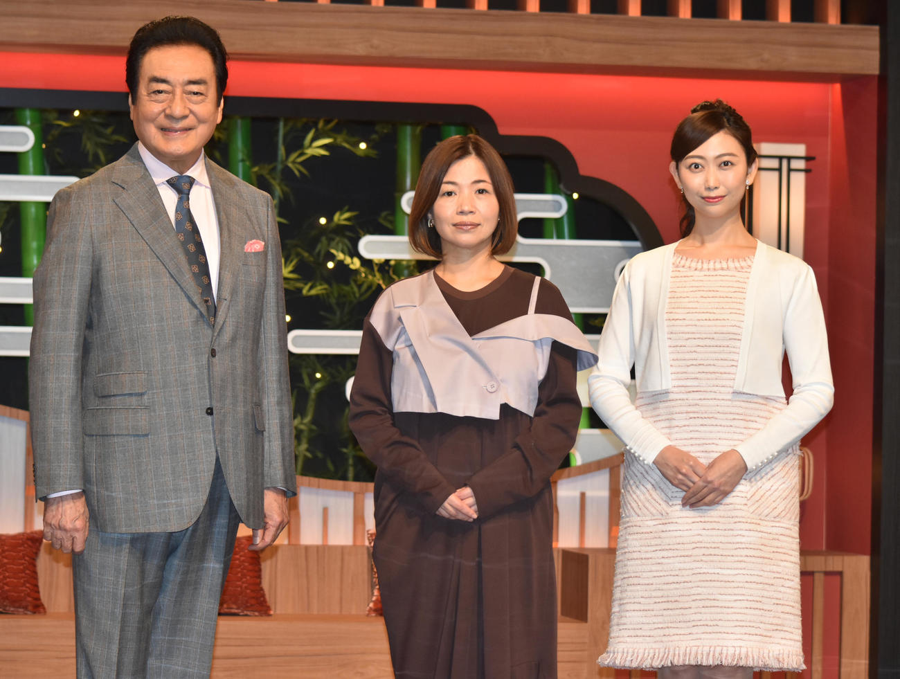 NHK・Eテレ新番組「芸能きわみ堂」の取材会に参加した左から高橋英樹、大久保佳代子、庭木櫻子アナウンサー