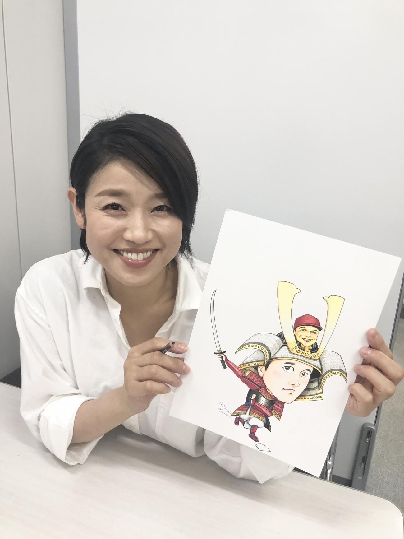 大谷翔平の甲冑姿を描いた新作イラストを持つ川野夏美