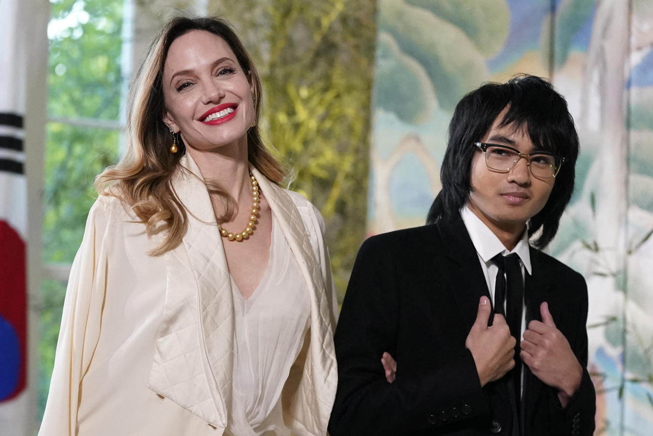 アンジェリーナ・ジョリー（左）と息子マドックス氏（AP）