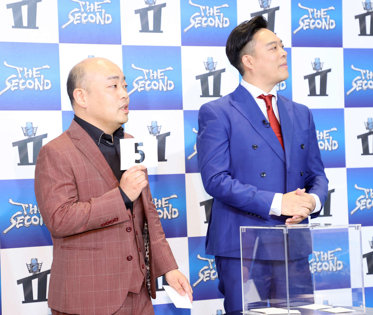 組み合わせ抽選に臨むギャロップの林健（左）と毛利大亮（撮影・鈴木正人）