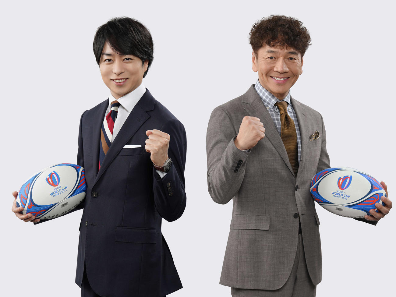日本テレビ系で生中継する23年ラグビーW杯フランス大会のスペシャルサポーターに就任する櫻井翔（左）とスペシャルMCに就任するくりぃむしちゅーの上田晋也