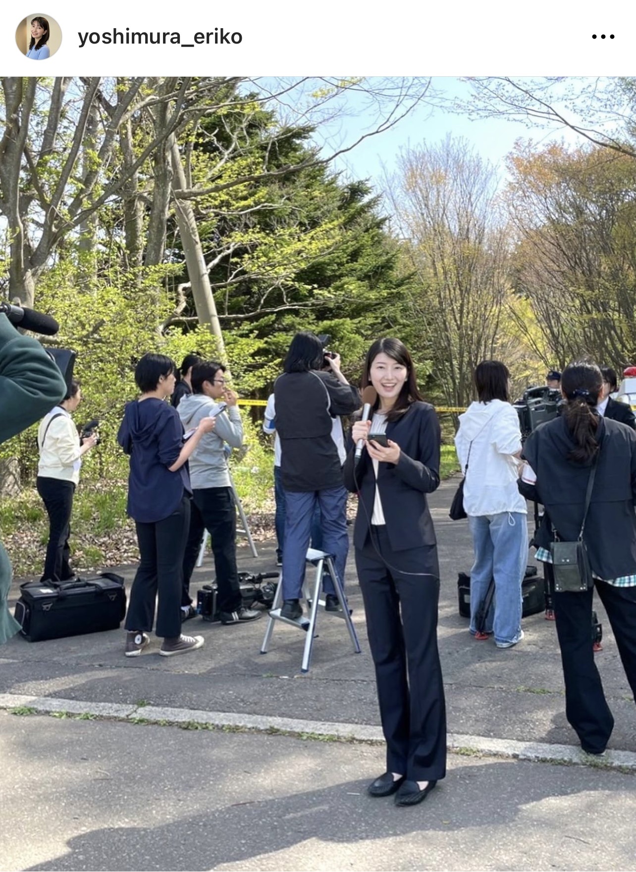 事件現場からリポートする報道記者役で出演した吉村恵里子アナウンサー（吉村恵里子アナウンサーのインスタグラムから）