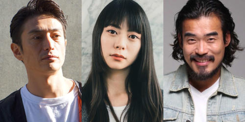 若葉竜也の主演映画「ペナルティループ」に出演した、左から伊勢谷友介、山下リオ、ジン・デヨン