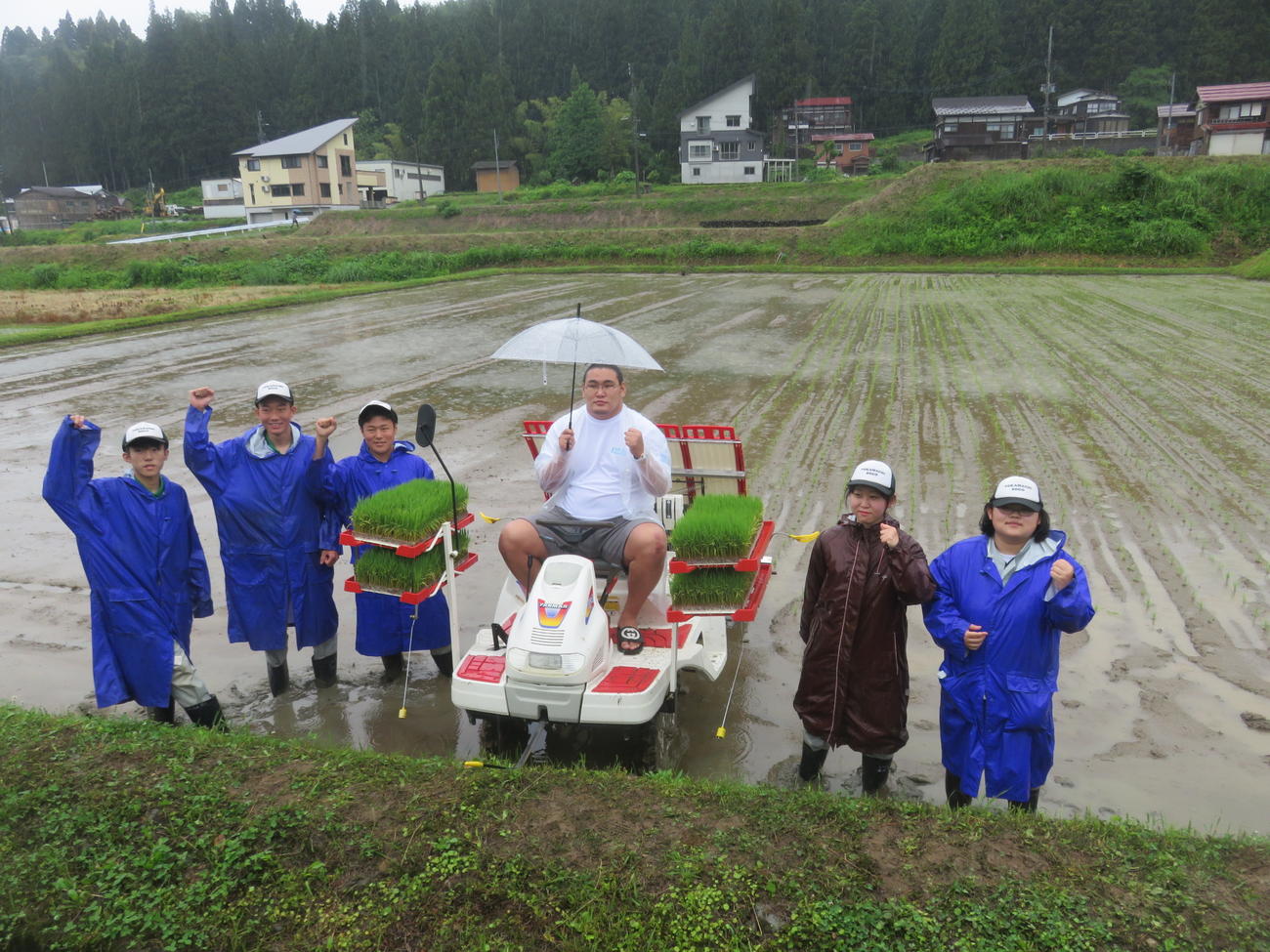 「越後情話立浪部屋ファーム」で行われたブランド米「越後情話」の田植えセレモニーで、地元の十日町総合高校の生徒たちに囲まれる関脇豊昇龍