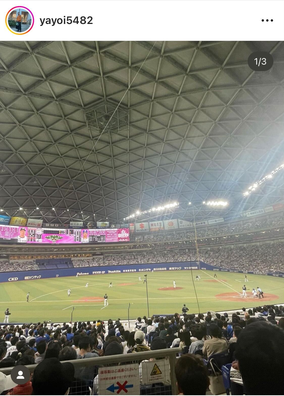 オリックス対中日戦を観戦した宮城弥生（宮城弥生のインスタグラムから）