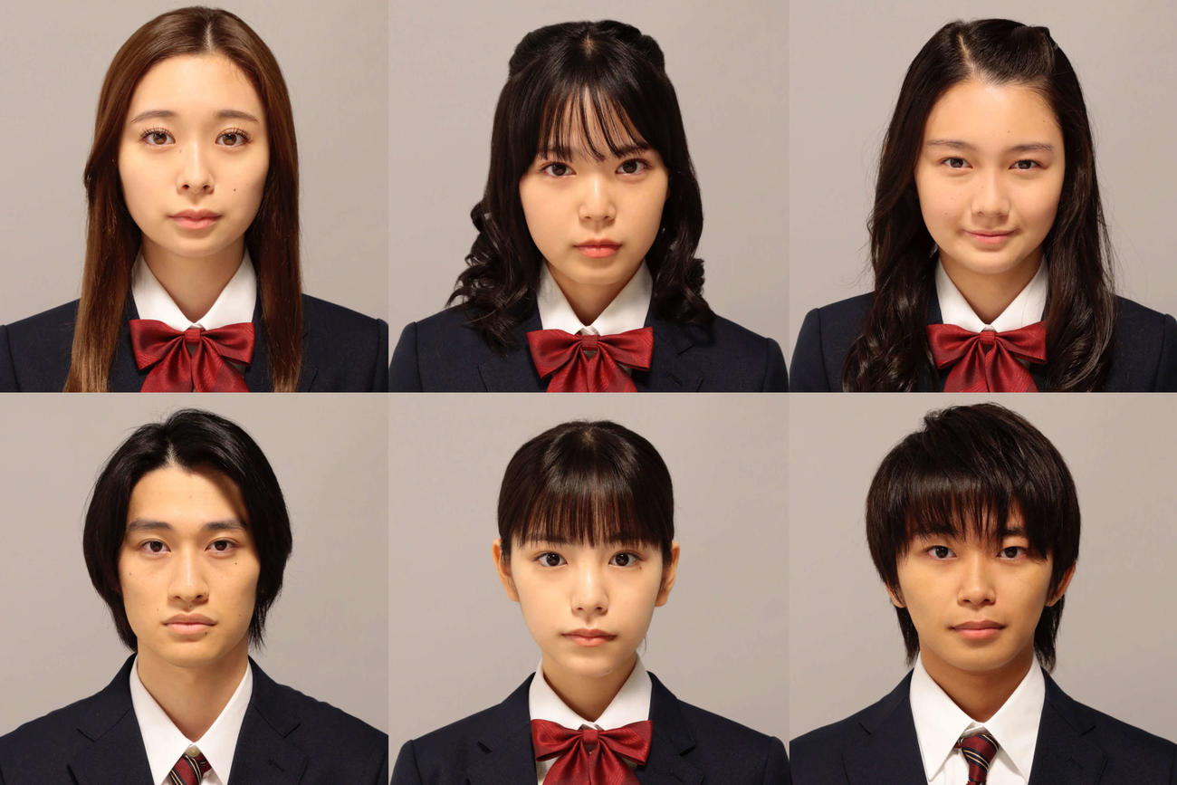 日本テレビ系7月期ドラマ「最高の教師　1年後、私は生徒に■された」への出演が発表された、上段左から田鍋梨々花、藤嶋花音、岡井みおん、下段左から浅野竣哉、當真あみ、加藤清史郎