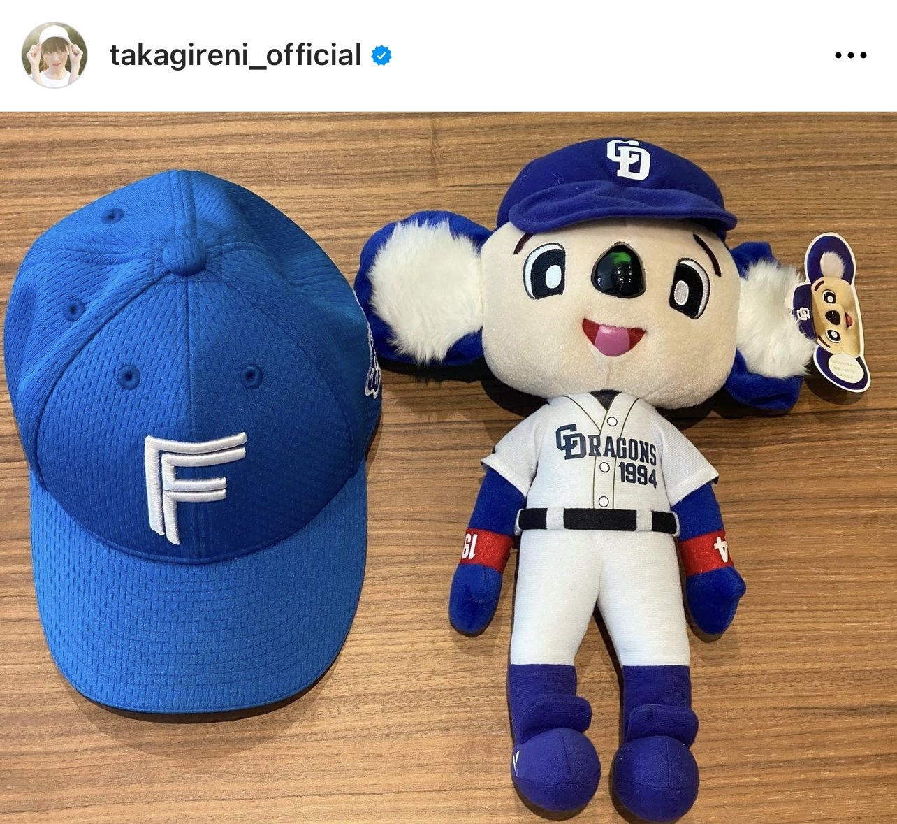 日本ハムのキャップと中日のマスコット・ドアラのぬいぐるみを並べた写真をアップ（高城れにのインスタグラムから）