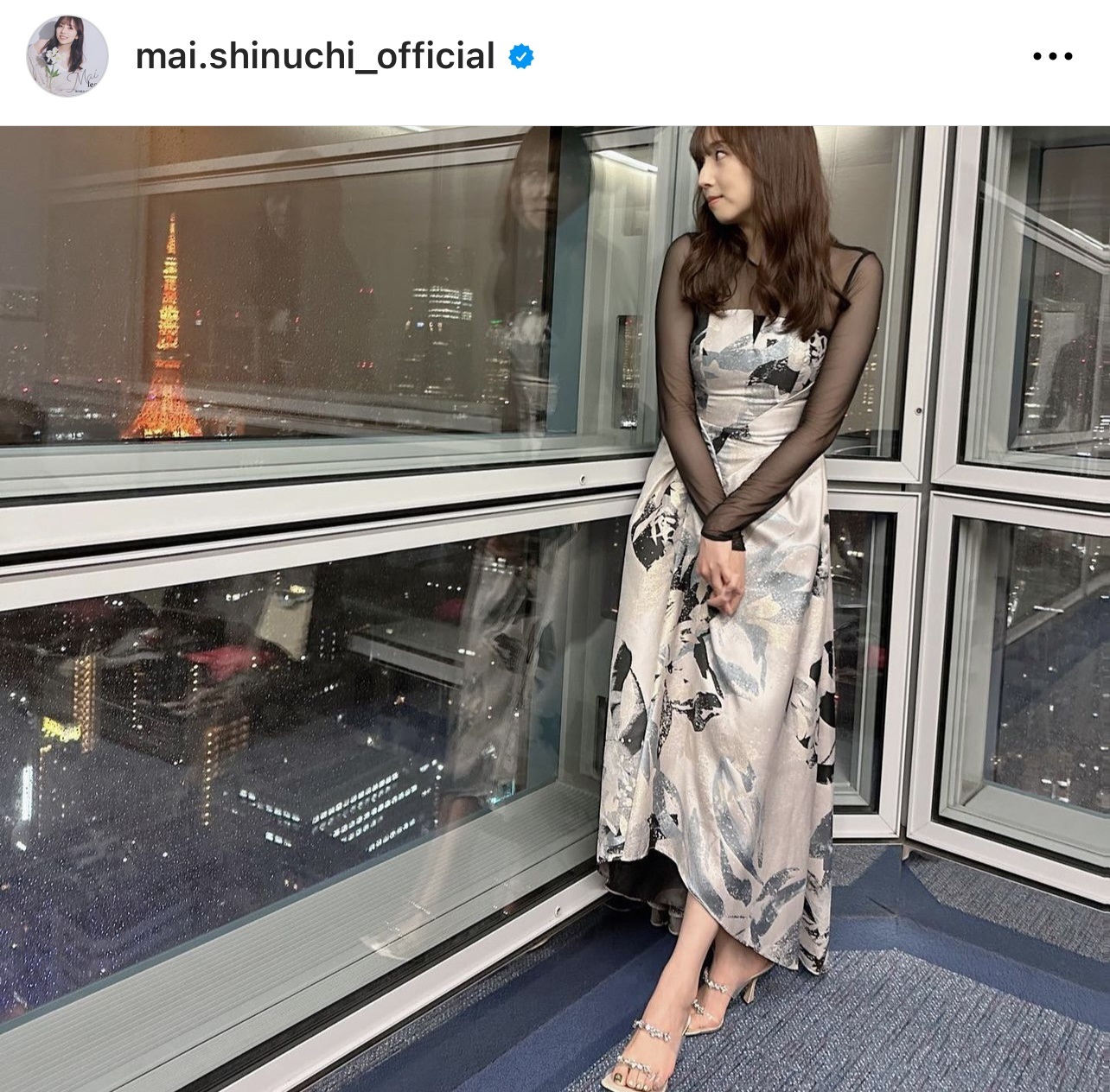 窓越しに夜景を見ながらポーズをとる新内眞衣（新内眞衣のインスタグラムから）