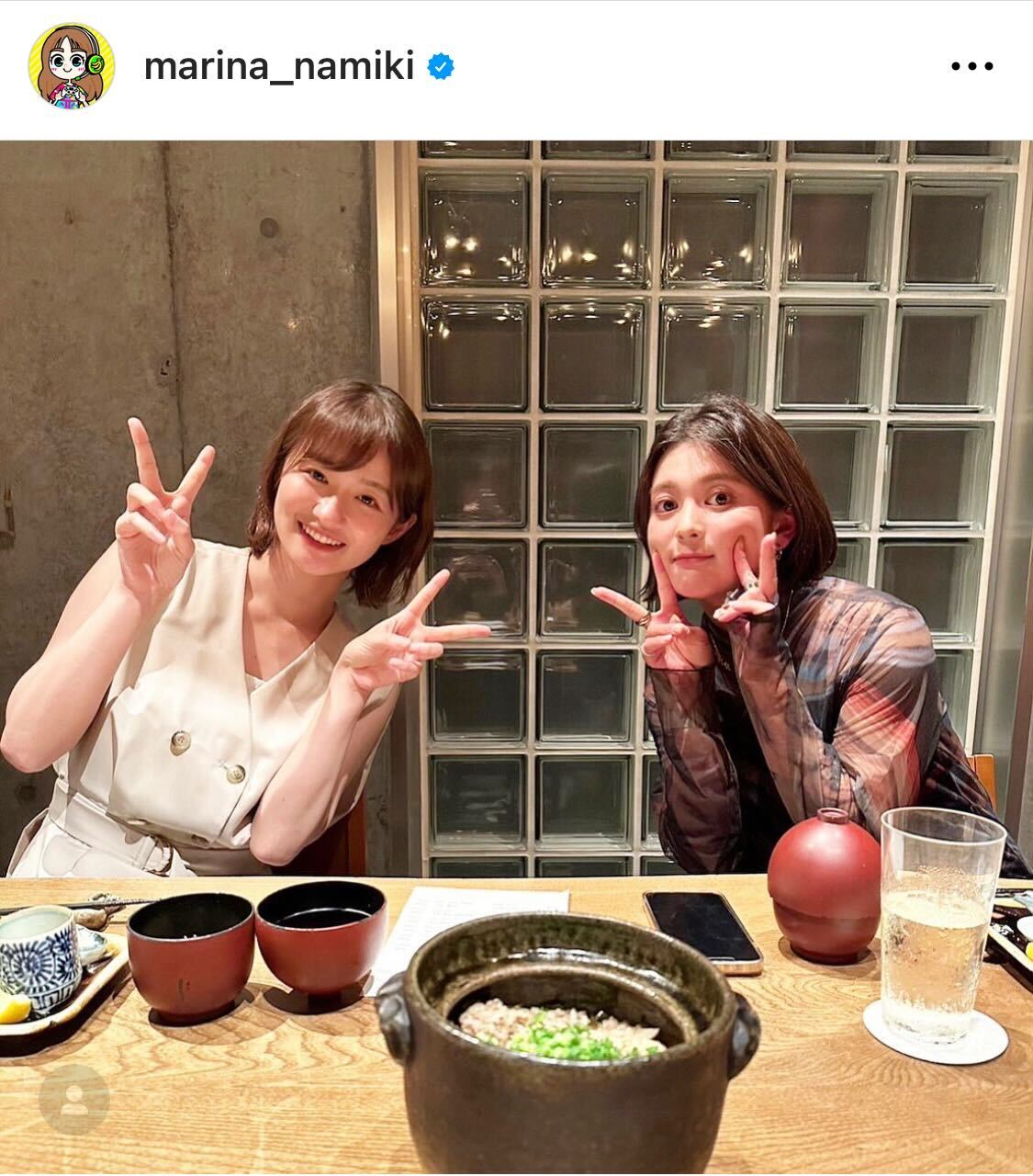 テレビ朝日の並木万里菜アナは、後輩の佐藤ちひろアナとツーショット（並木万里菜アナのインスタグラムから）