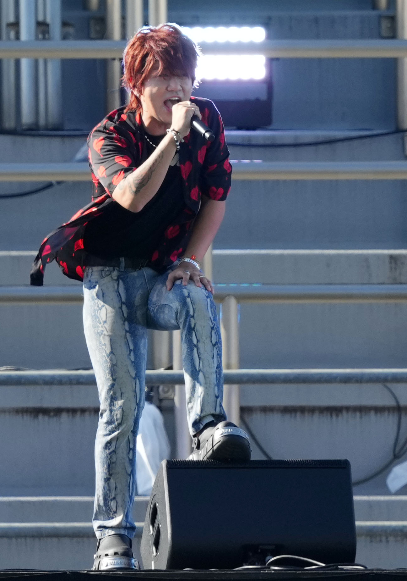 秩父宮ラグビー場でのライブに登場したタナカさん（撮影・横山健太）