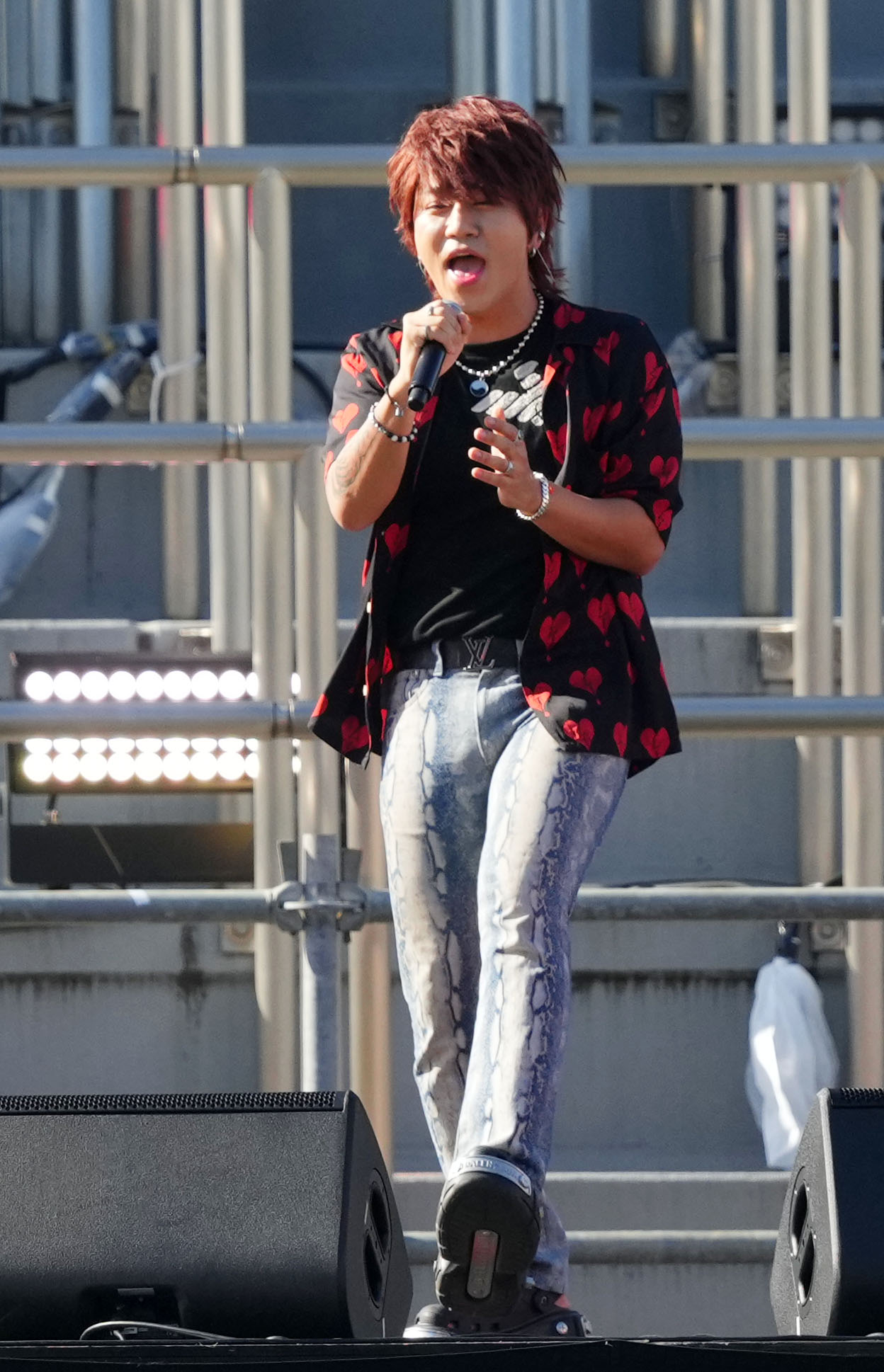 秩父宮ラグビー場でのライブに登場したタナカさん（撮影・横山健太）