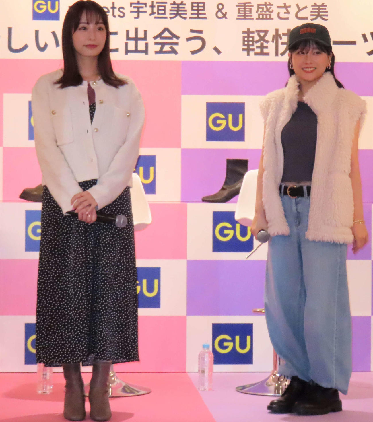 「ジーユー2023秋冬”軽快ブーツ“スペシャルムービー発表会」に出席した重盛さと美（右）と宇垣美里