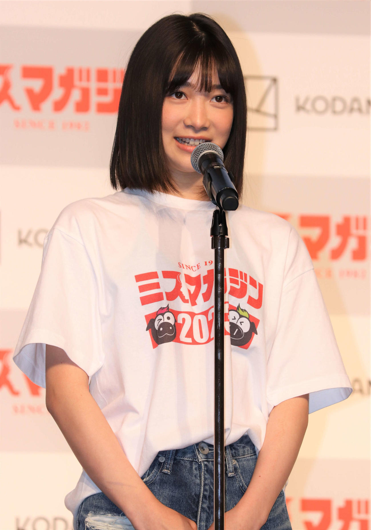 「ミスマガジン2023ベスト16お披露目イベント」に登壇し自己PRする今森茉耶（2023年5月撮影）