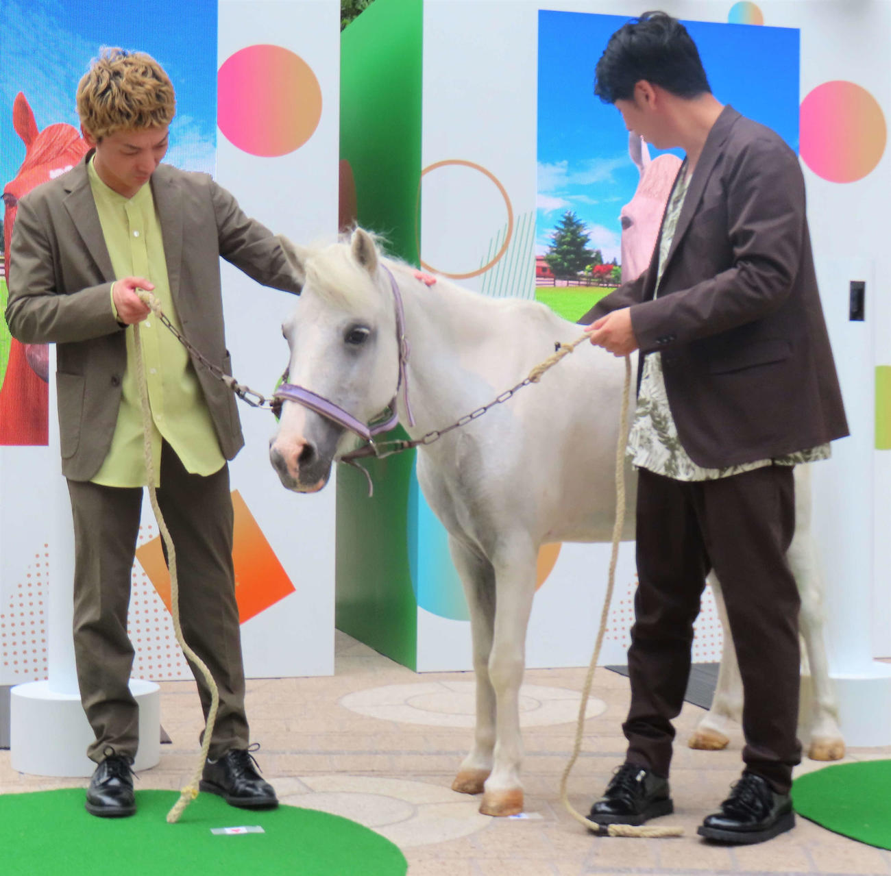 ポニーとふれあうニューヨーク。左から、嶋佐和也、屋敷裕政