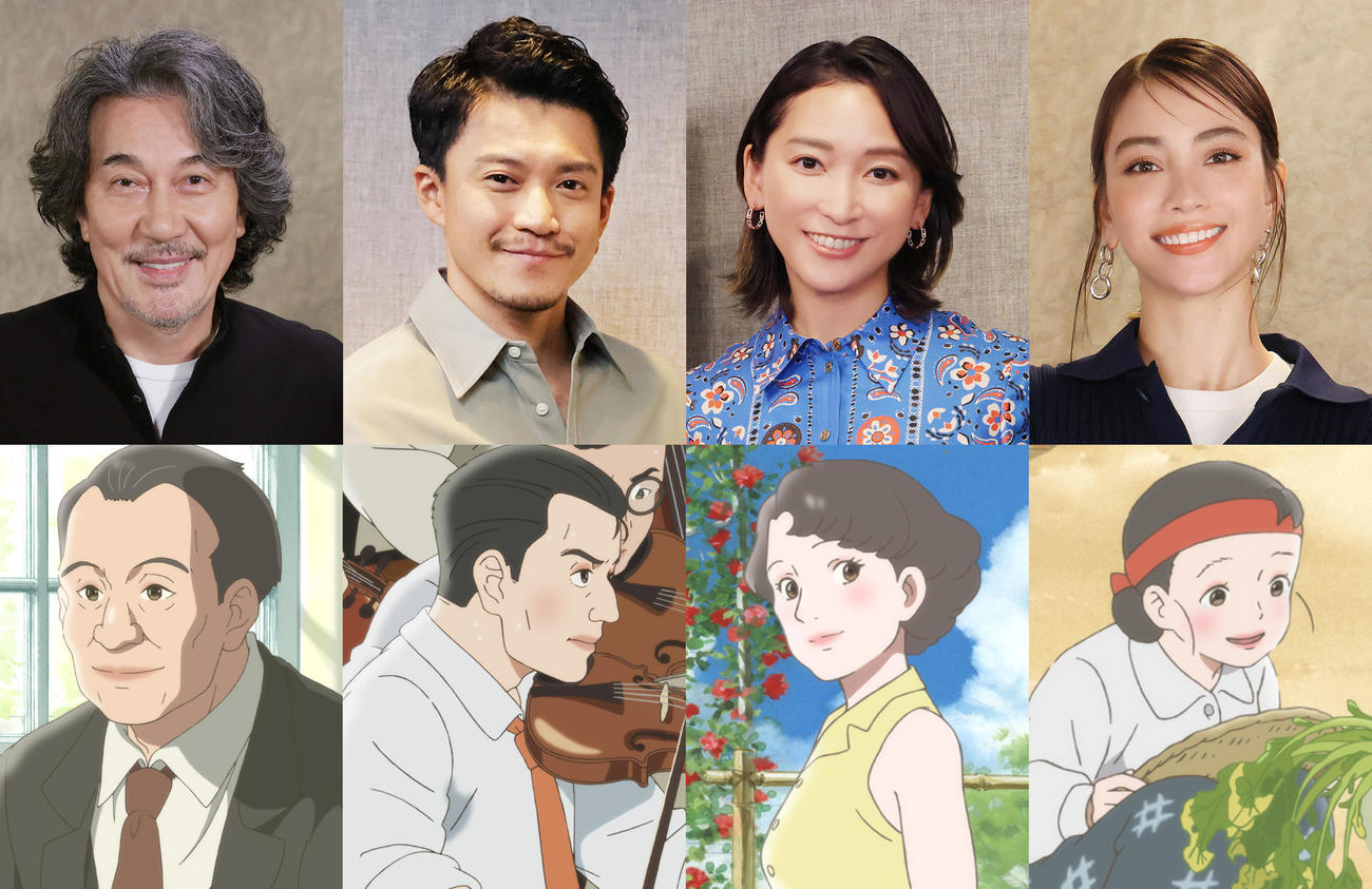 アニメ映画「窓ぎわのトットちゃん」で声優を務める俳優陣。左から小林先生を演じる役所広司、パパを演じる小栗旬、ママを演じる杏、担任の大石先生を演じる滝沢カレン(C)黒柳徹子／2023映画「窓ぎわのトットちゃん」製作委員会