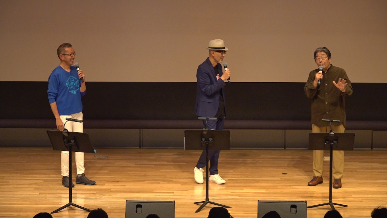 「らじお　de Show」を開いた、左から松本秀夫、上柳昌彦、高嶋ひでたけ