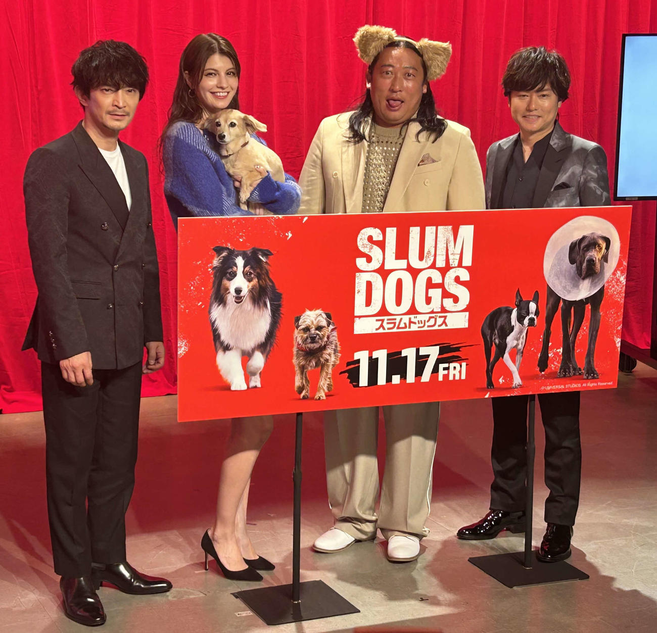 映画「スラムドッグス」公開記念イベントに出席した、左から津田健次郎、マギー、秋山竜次、森久保祥太郎（撮影・松尾幸之介）