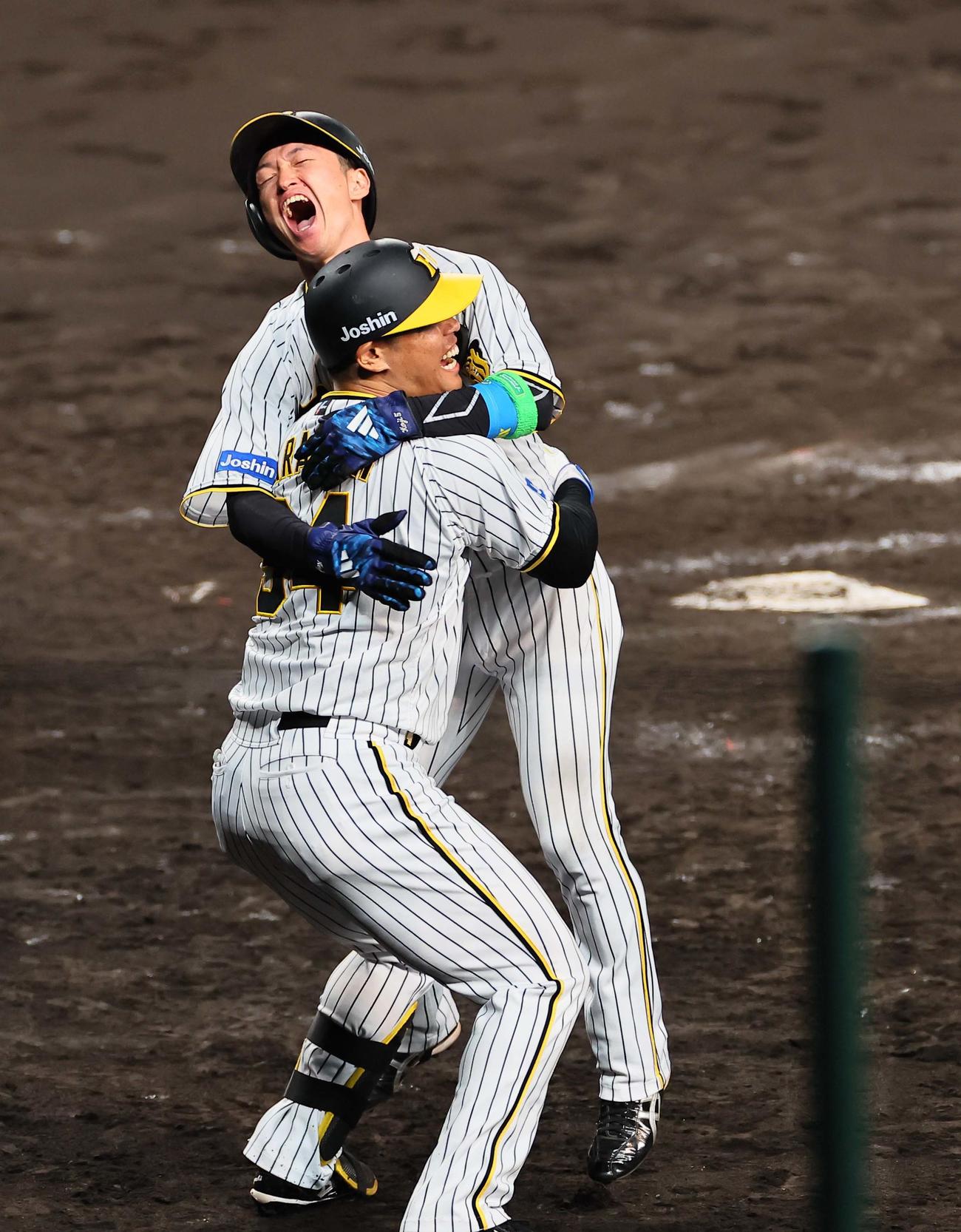 日本シリーズ第4戦　阪神対オリックス　サヨナラのホームを踏んだ近本（奥）は原口と抱き合って喜ぶ（撮影・上田博志）