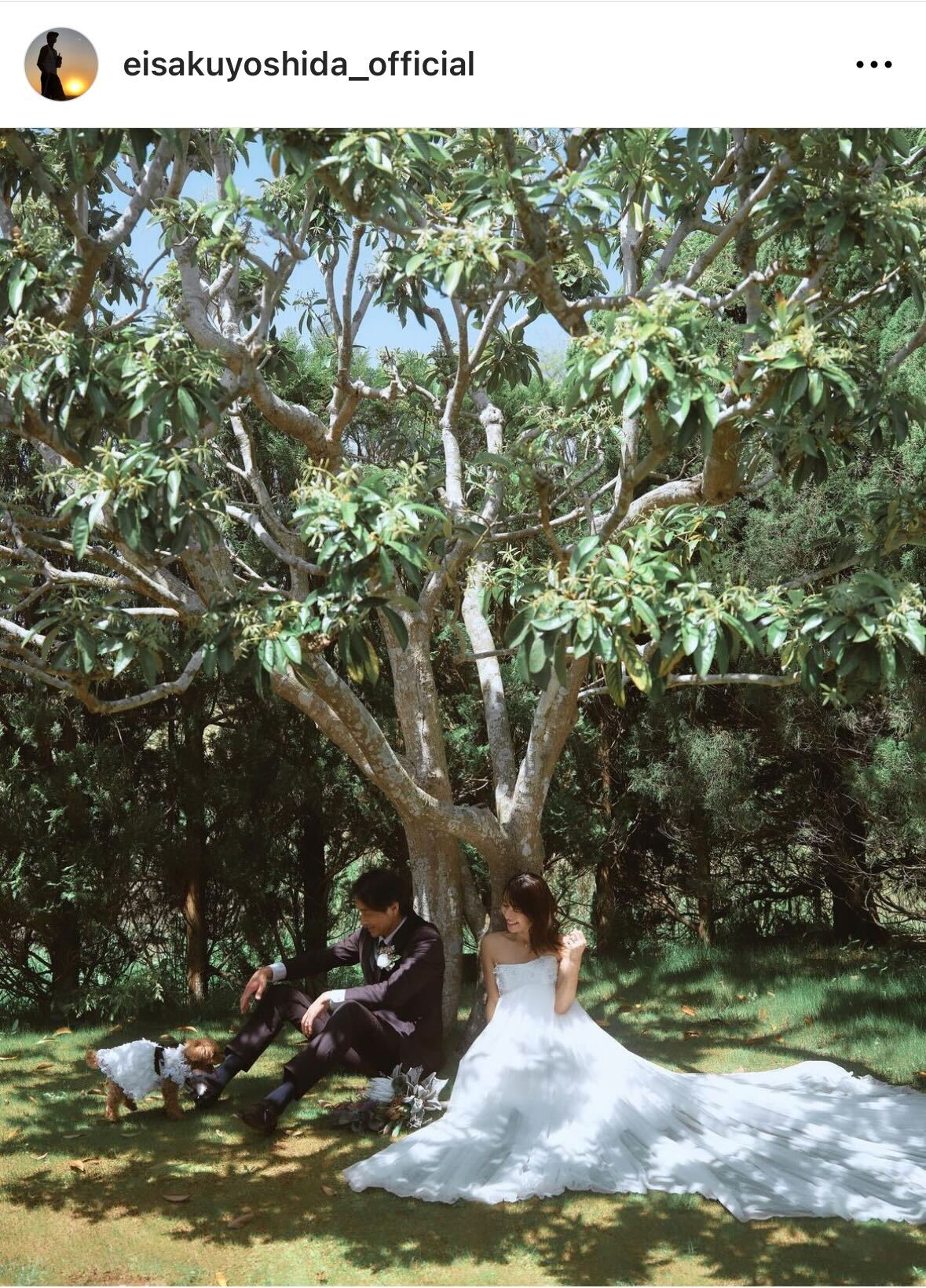 吉田栄作とウェディングドレス姿の内山理名（吉田栄作のインスタグラムから）