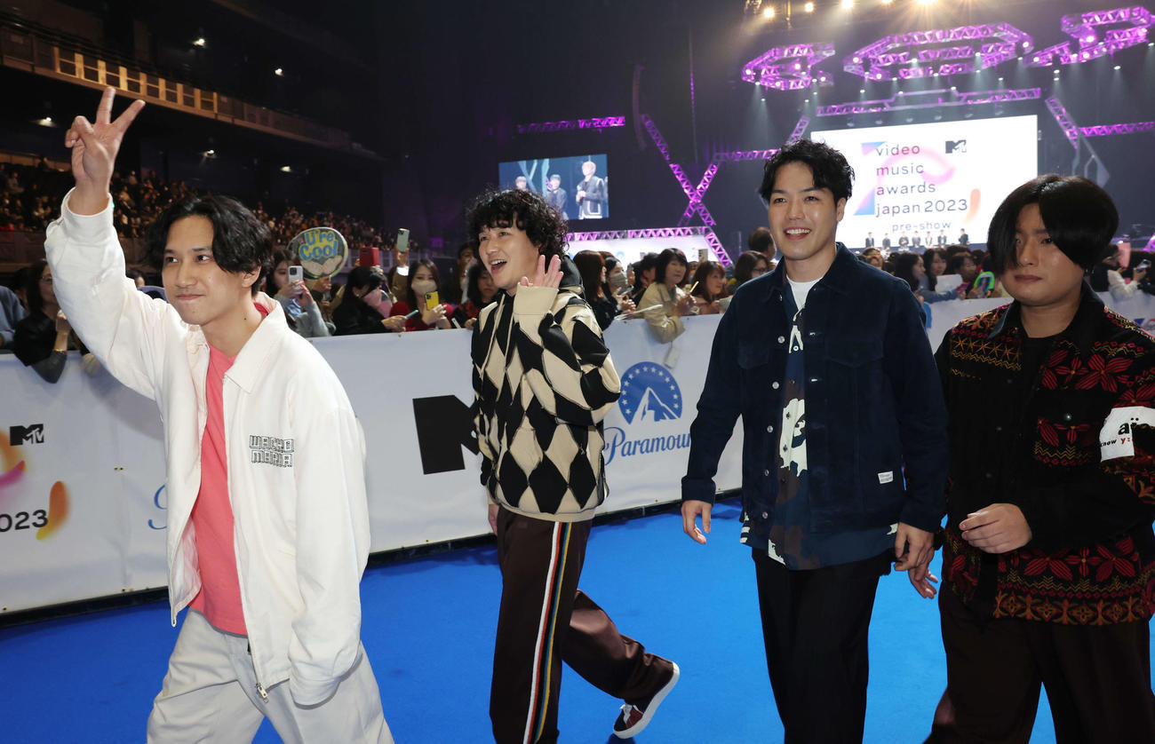 「MTV VMAJ 2023 Pre－Show」で笑顔を見せるマカロニえんぴつ（撮影・宮地輝）