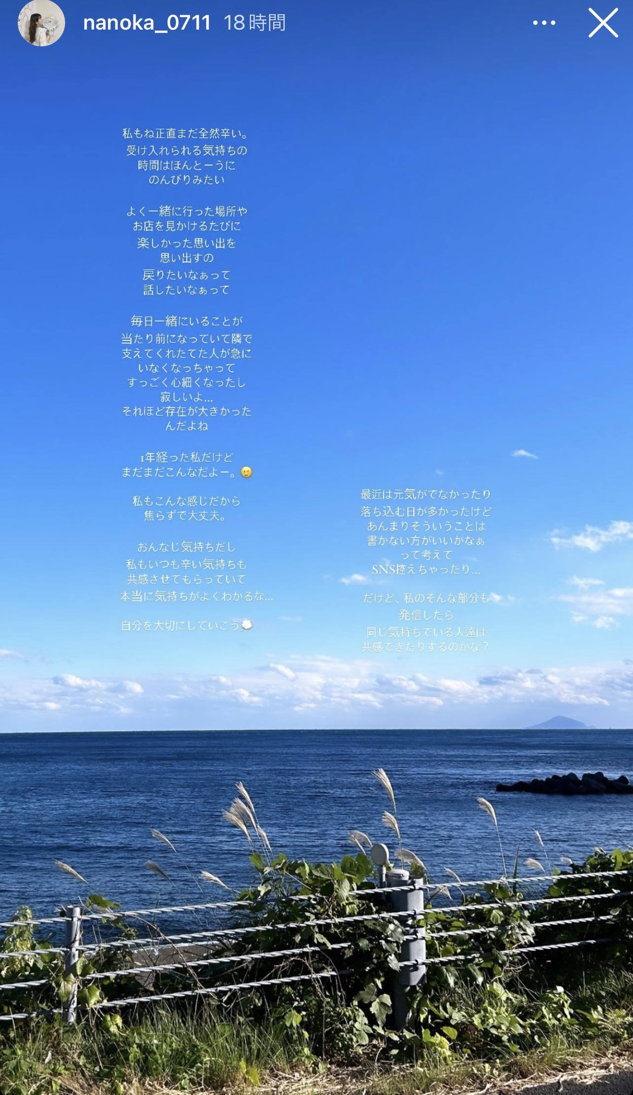 亡き夫との結婚記念日を迎え、「話したいなあ」と思いをつづった（青木菜花のインスタグラムから）