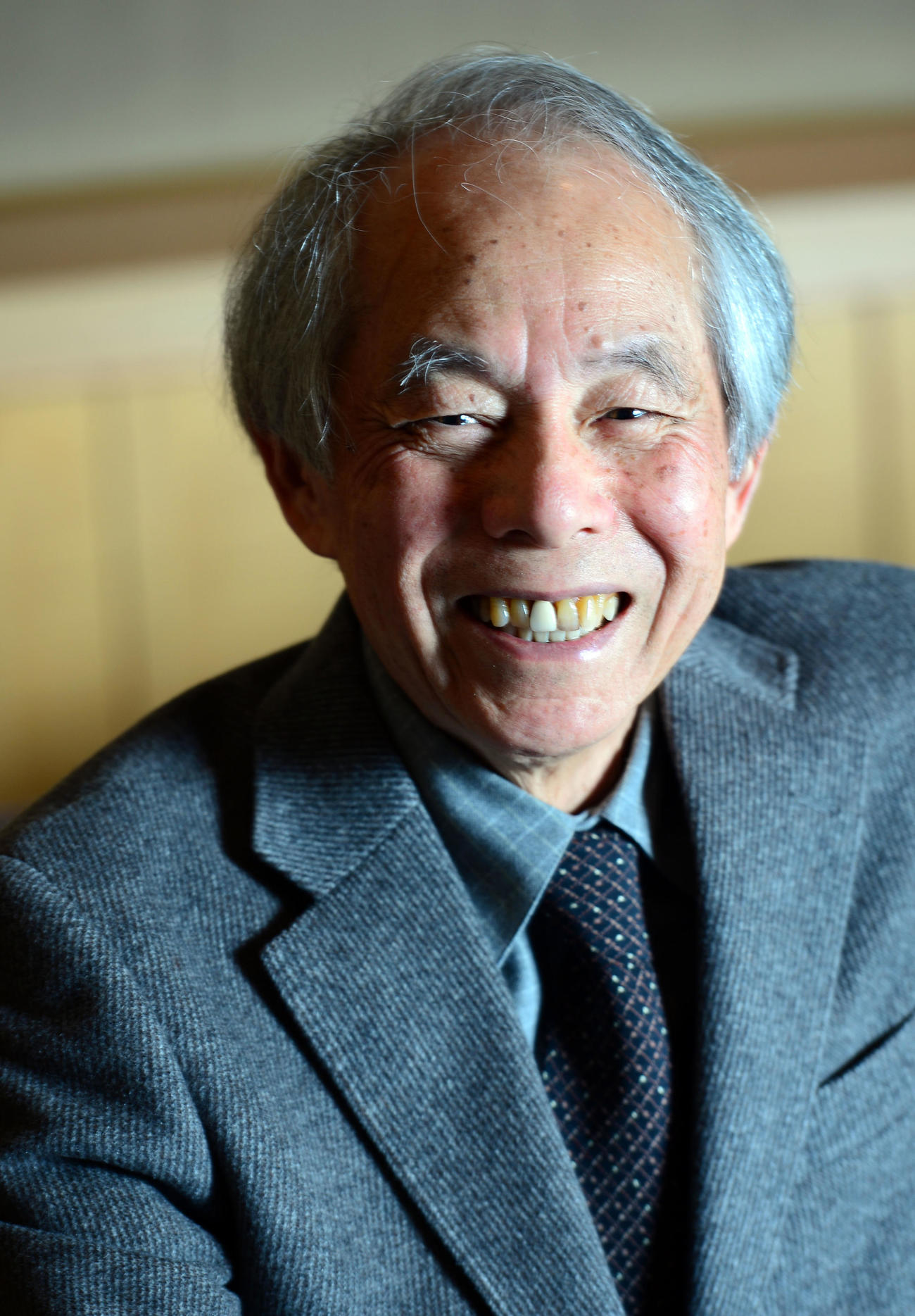 2014年2月12日、満面に笑みを浮かべる脚本家の山田太一氏