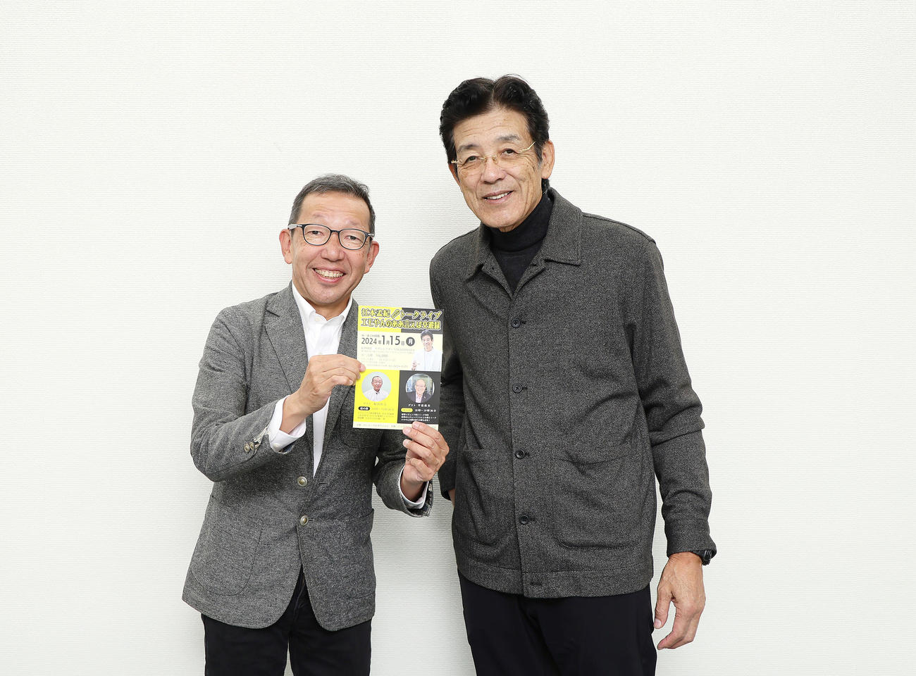 来年1月15日のトークショーに向け意気込みを語った江本孟紀氏（右）とフリーアナウンサーの松本秀夫氏（撮影・足立雅史）