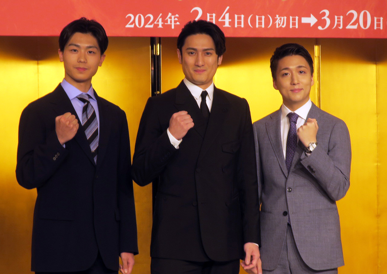 スーパー歌舞伎「ヤマトタケル」取材会で。左から、市川團子、中村隼人、中村米吉