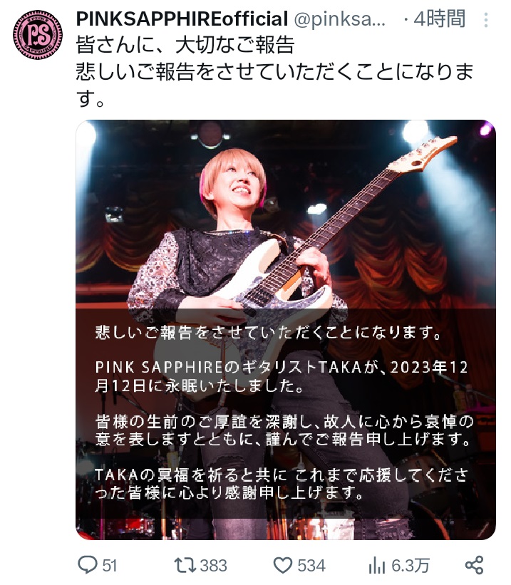PINK SAPPHIRの公式Xから