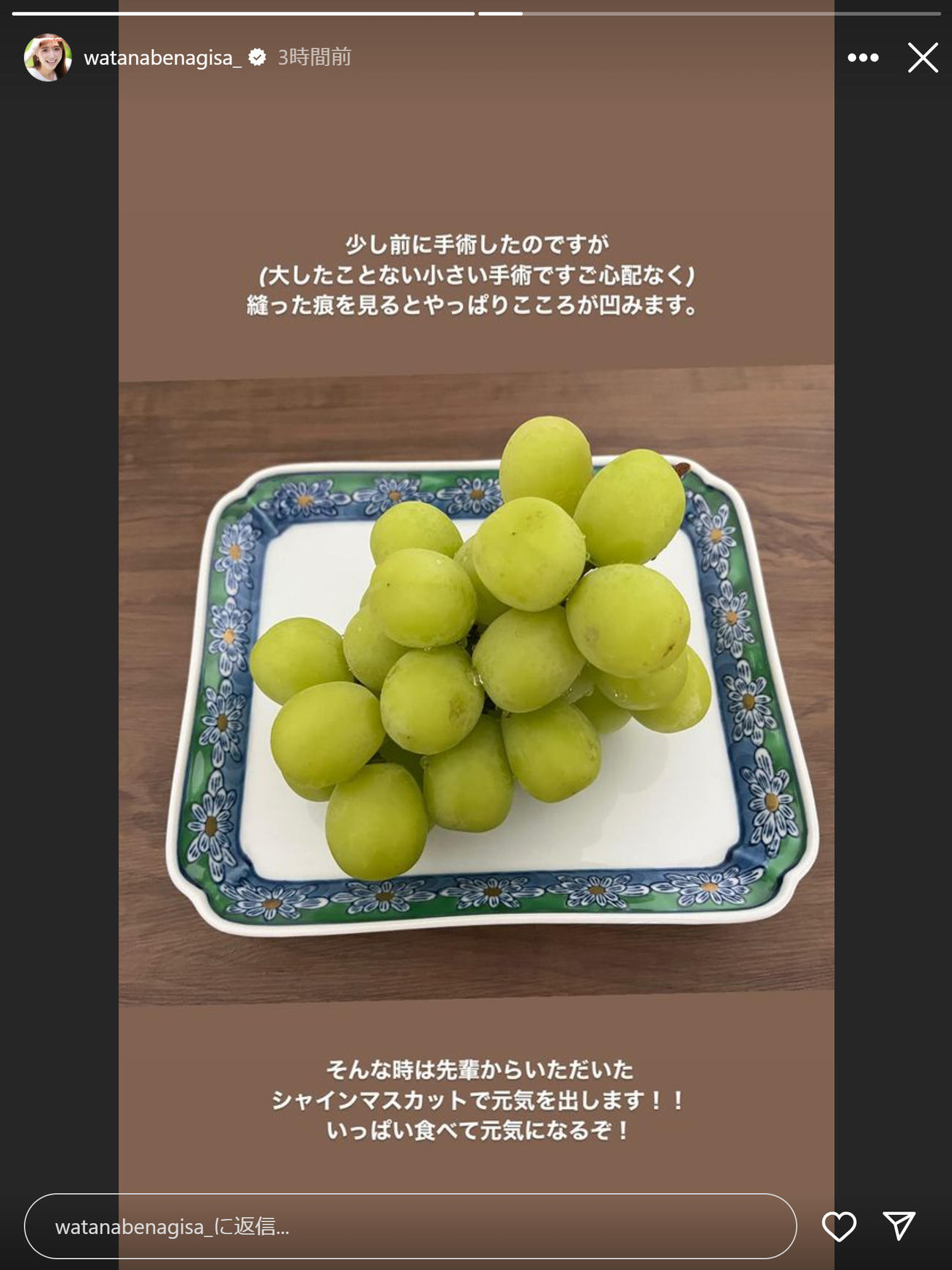 渡邊渚アナのインスタグラムのストーリーズから