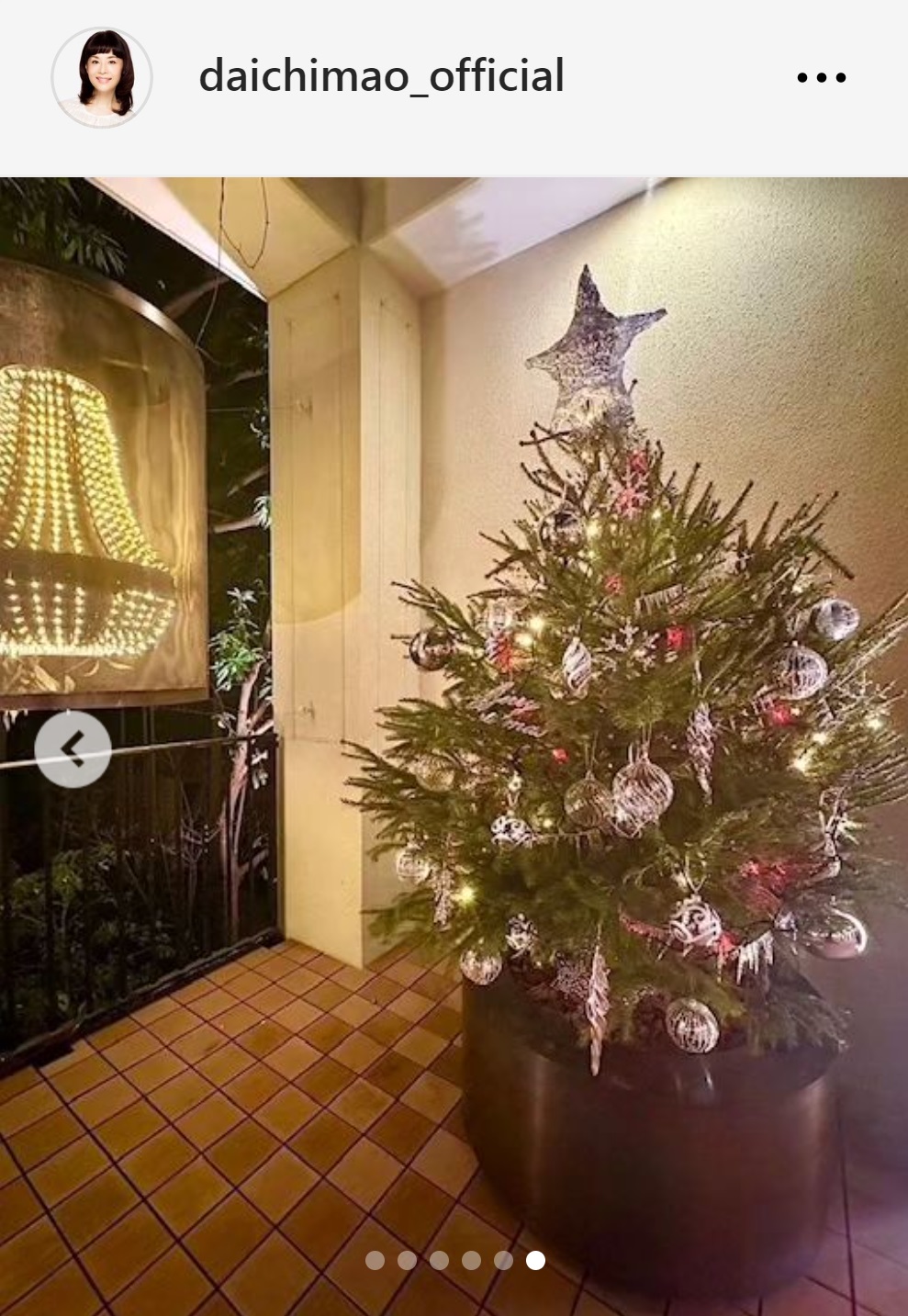 室内に飾ったクリスマスツリー（大地真央のインスタグラムから）