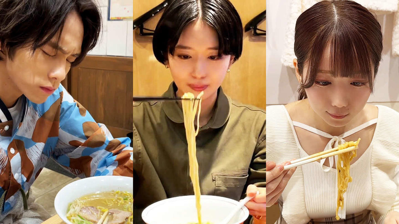 BSTBS新番組「ラーメンを食べる。」に出演する、左から山下幸輝、石山蓮華、大谷映美里