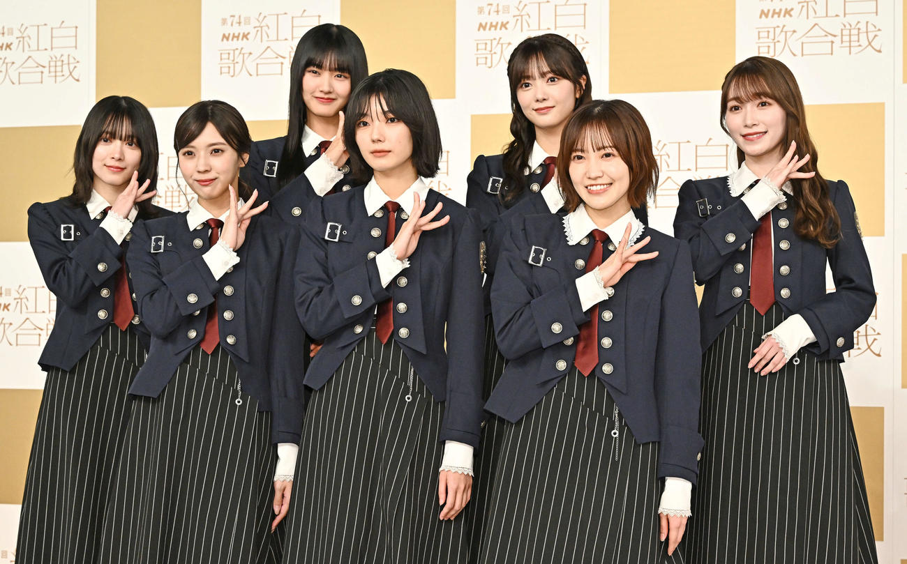 ポーズを決める櫻坂46。前列左から小林由依、藤吉夏鈴、松田里奈、後列左から森田ひかる、山崎天、田村保乃、守屋麗奈（撮影・滝沢徹郎）