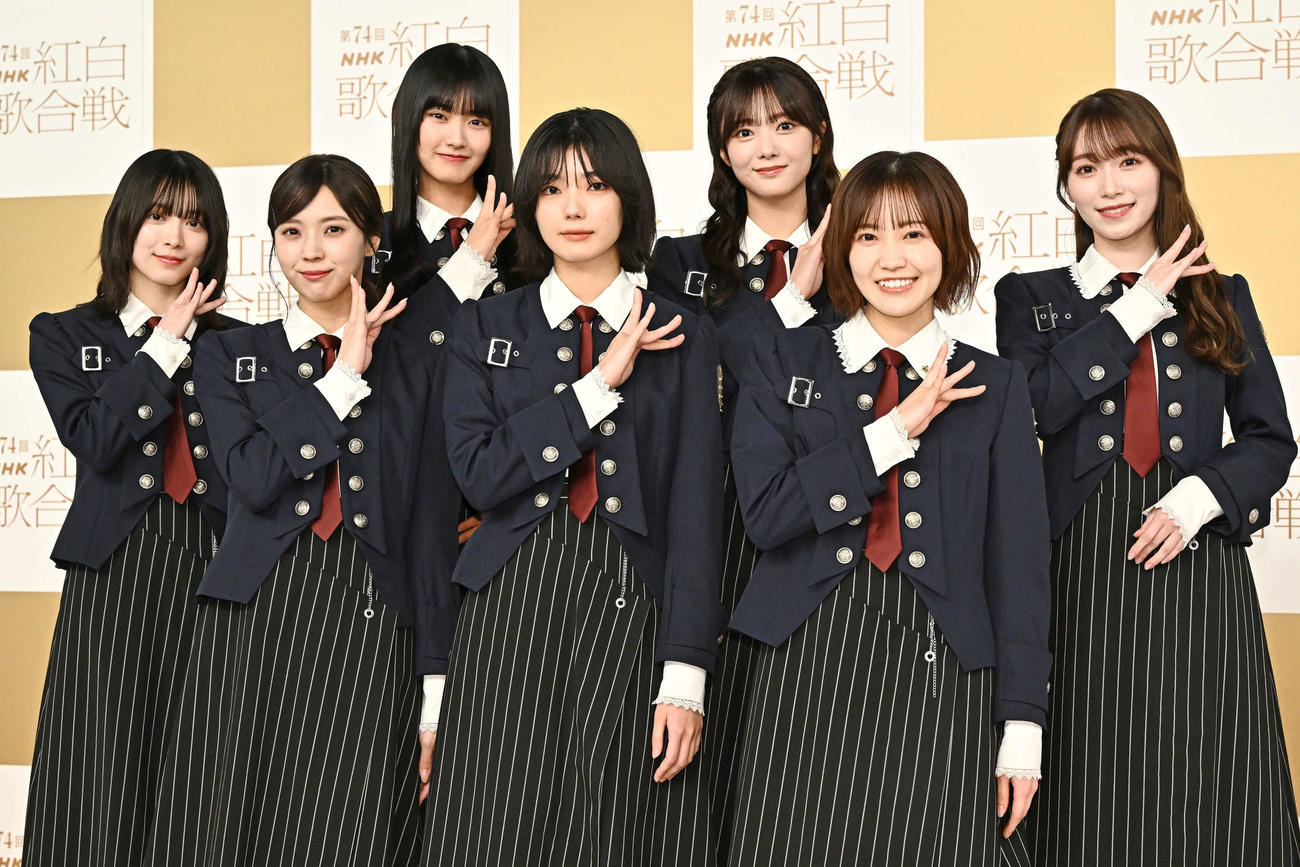 記念撮影する櫻坂46。前列左から小林由依、藤吉夏鈴、松田里奈、後列左から森田ひかる、山崎天、田村保乃、守屋麗奈（撮影・滝沢徹郎）