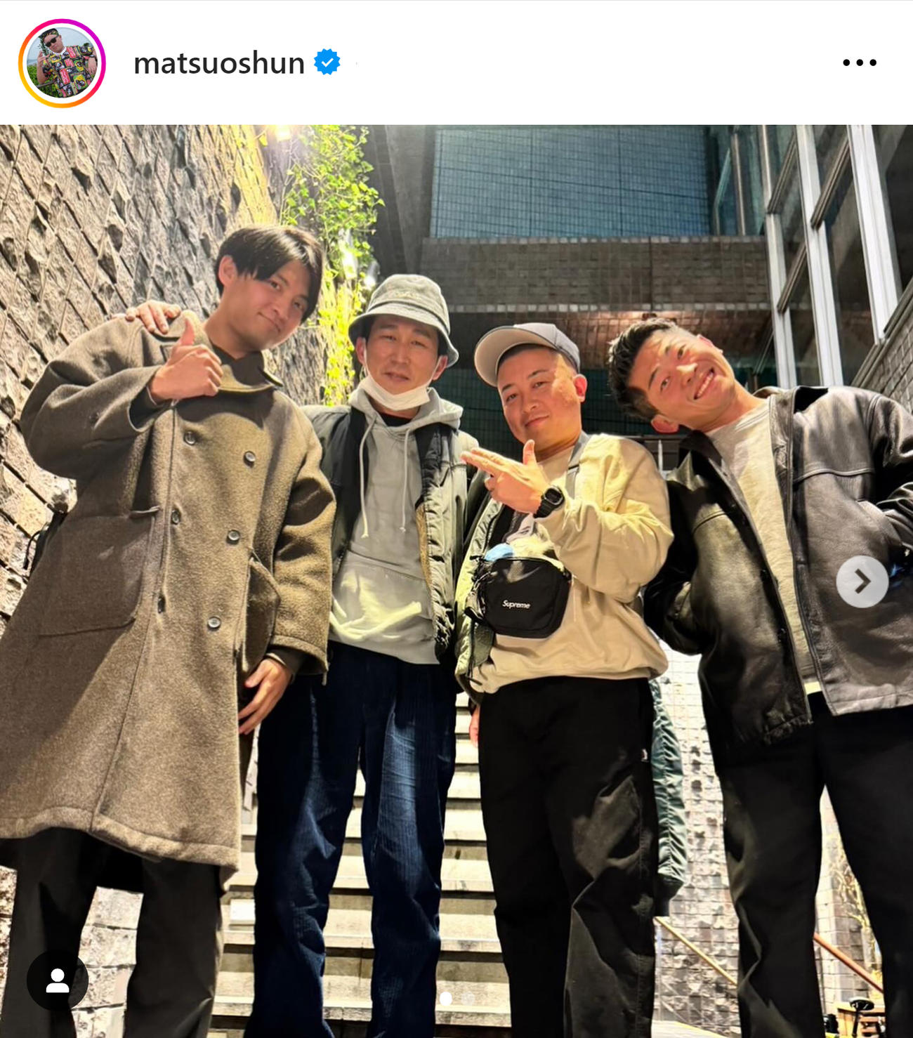 左から近藤裕希、シソンヌじろう、チョコプラ松尾、ジャンポケ太田（チョコプラ松尾のインスタグラムから）