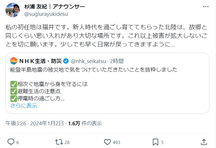 杉浦友紀アナのXから