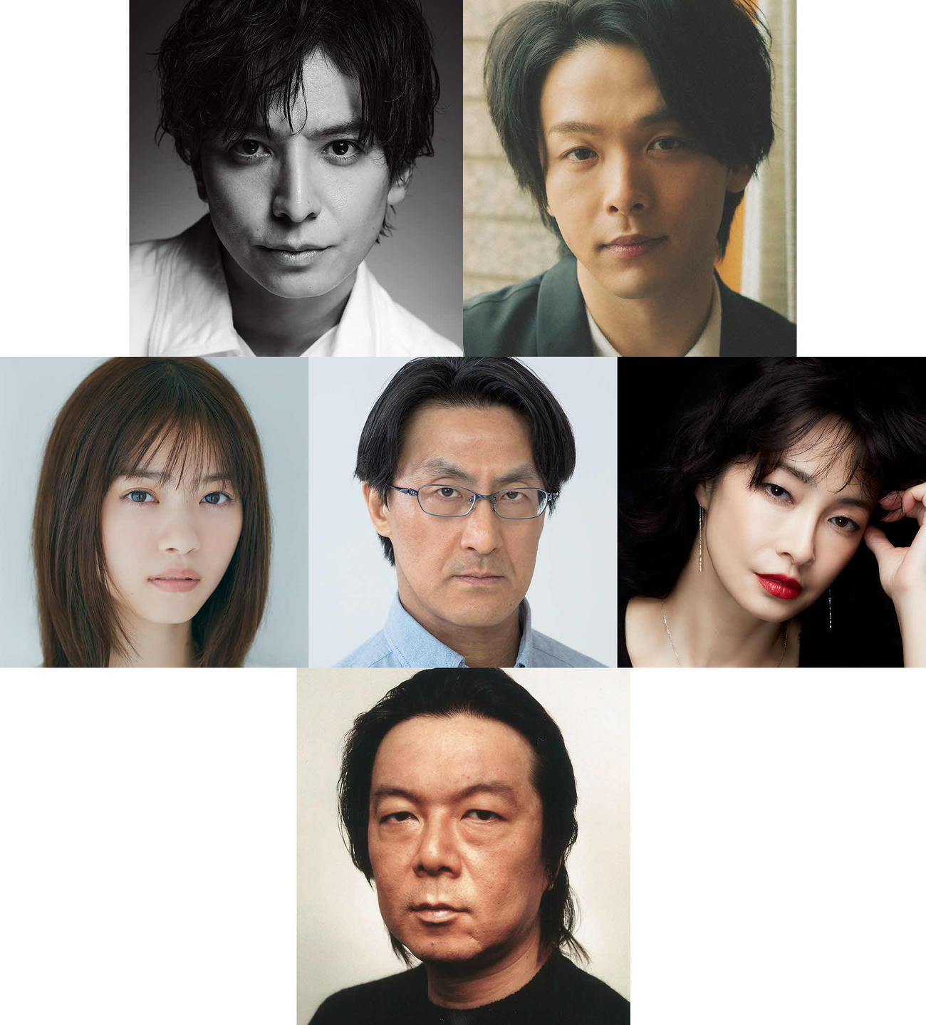 劇団☆新感線の舞台「バサラオ」出演者。上段左から生田斗真、中村倫也、中段左から西野七瀬、粟根まこと、りょう、下段は古田新太