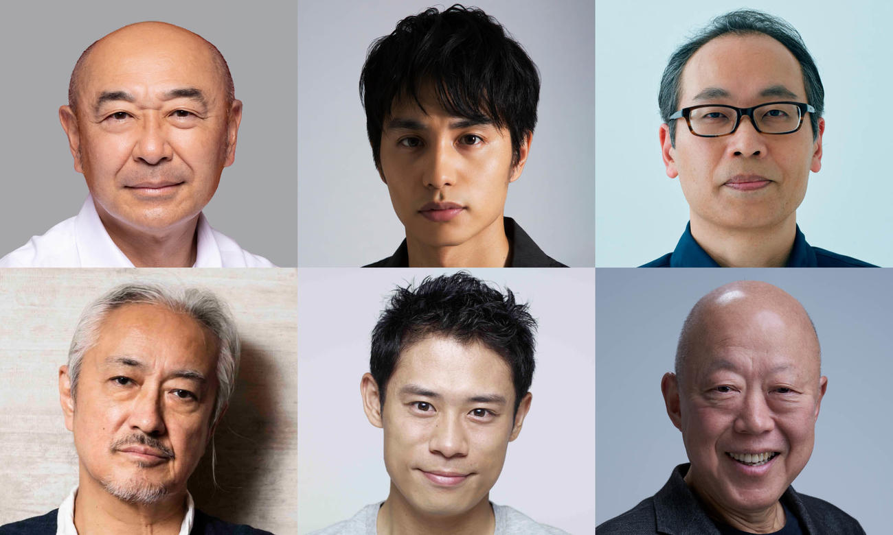 25年NHK大河ドラマ「べらぼう～蔦重栄華乃夢噺～」の新たなキャストたち。上段左から高橋克実、中村蒼、正名僕蔵、下段左から山路和弘、伊藤淳史、六平直政