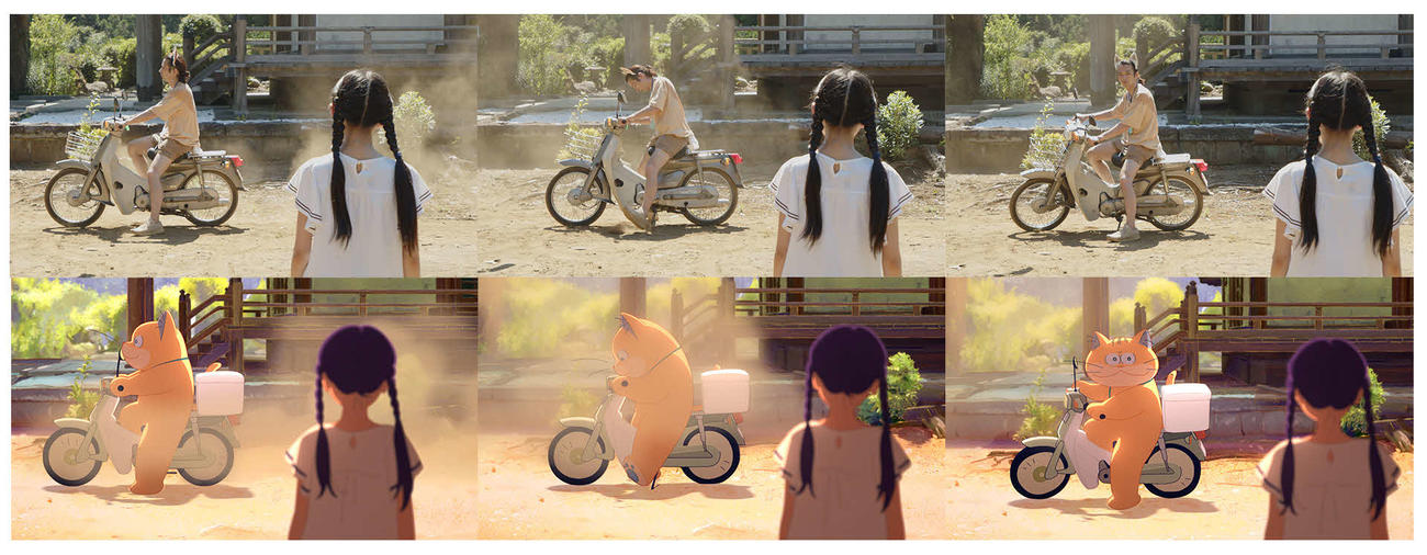 映画「化け猫あんずちゃん」で森山未來と五藤希愛が演じた実写パート（上）とロトスコープの手法で作り上げたアニメーション（下）（C）いましろたかし・講談社／化け猫あんずちゃん製作委員会