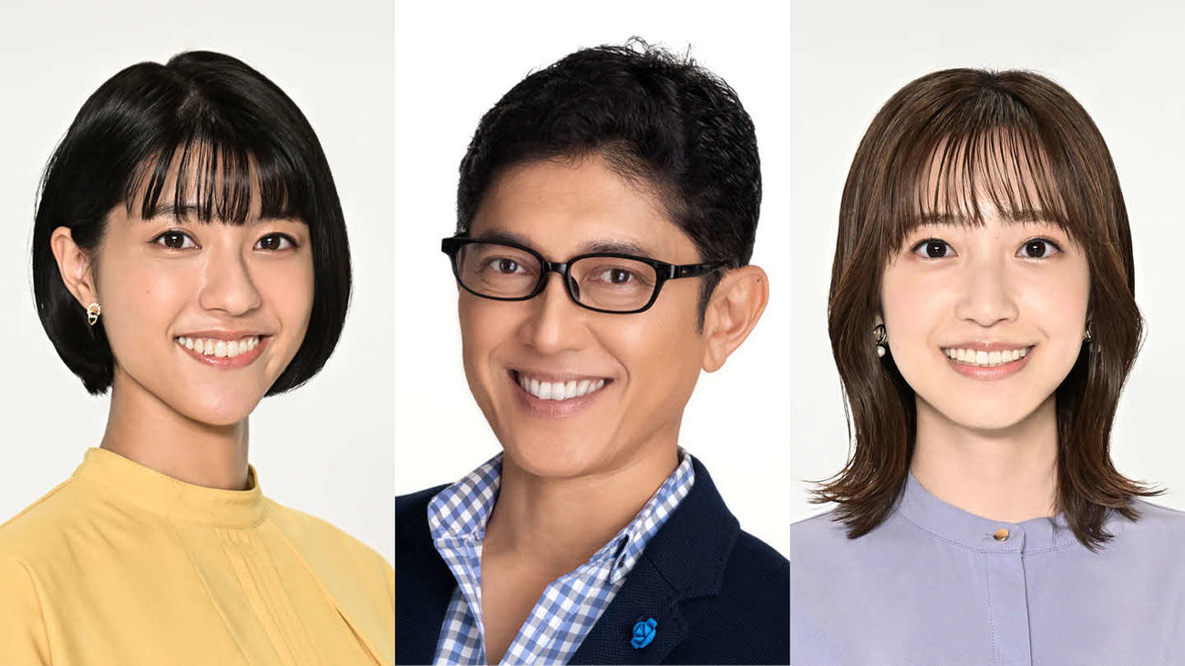 新番組「薬丸マネー塾～人生後半お金に好かれる生き方」に出演する、左から御手洗菜々アナ、薬丸裕英、南後杏子アナ