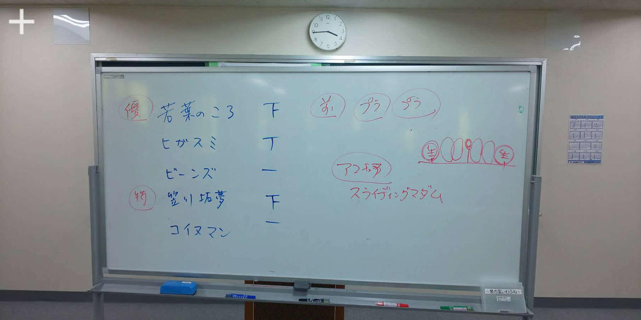 昨年4月の「第3回北河内新人お笑いコンクール」の開票のホワイトボード。5人の審査員の投票による得点上位5人。芸人の名前の右横は「正」の字による「1位または2位」の得票数で、得点1位の「若葉のころ」と同4位の「笠川拓夢」が3票ずつ獲得。更に右横は、次に1位に投票した人の名前を挙げていって「前田審査委員長」「プラスマイナス（兼光）」「プラスマイナス（岩橋）」の3人が「若葉のころ」に投票して過半数となったため優勝決定。「皆川拓夢」が審査員特別賞になった。「スライディングマダム」はアマチュア特別賞。
