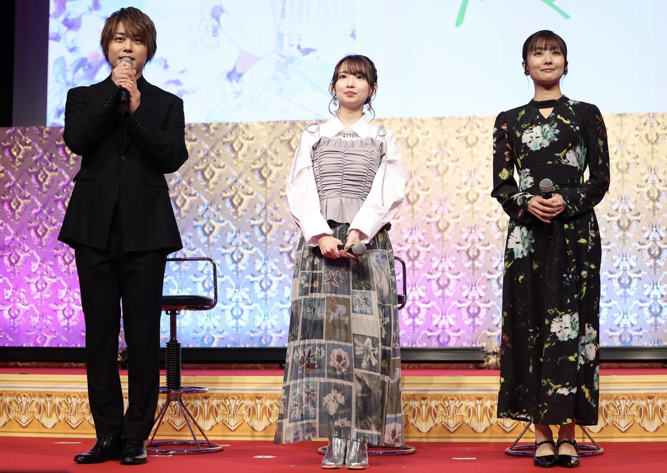 フジテレビアニメラインナップ発表会2024に臨む、左から河本啓佑、大久保瑠美、沼倉愛美（撮影・河田真司）
