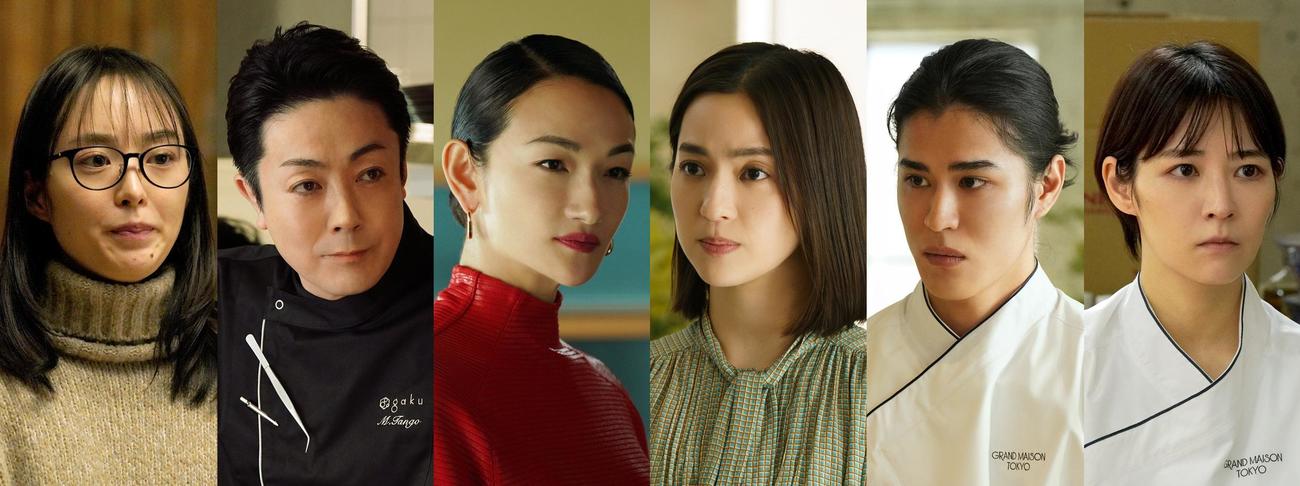 新作スペシャルドラマの放送が決まったTBS系「グランメゾン東京」に出演する（左から）朝倉あき、尾上菊之助、冨永愛、中村アン、寛一郎、吉谷彩子