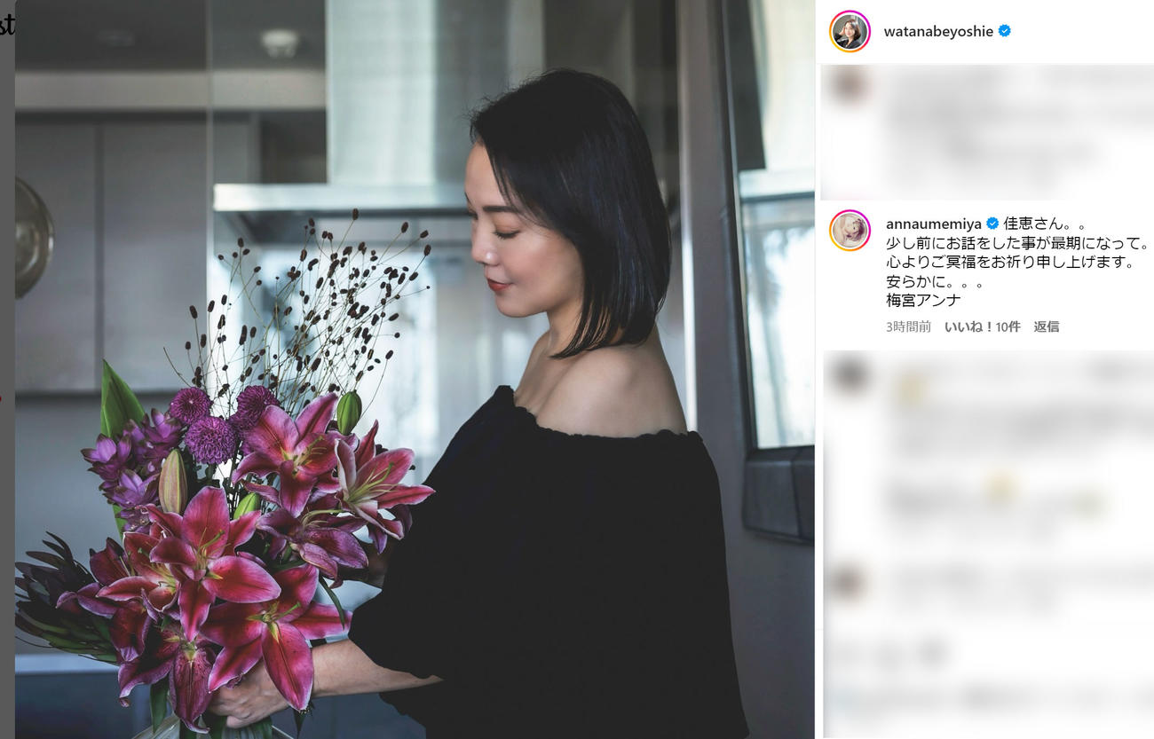渡辺佳恵さんのインスタグラムにコメントした梅宮アンナ（インスタグラムから）