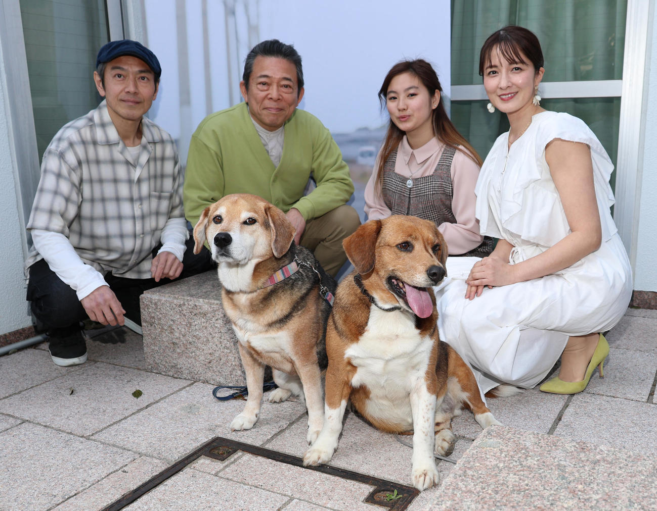 映画「石岡タロー」で保護犬タロー役を演じたダイ（左）とチャピを囲んで記念撮影する、左から菊池均也、山口良一、青木日菜、松木里菜（撮影・中島郁夫）